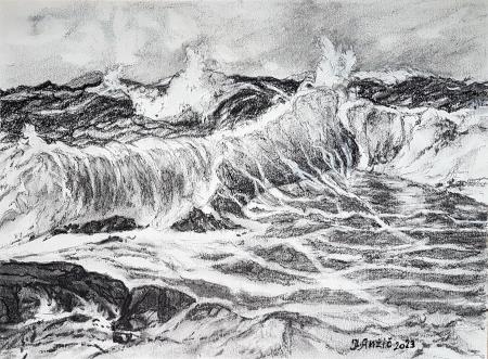 Razburkano morje (Oglje 30x40 - 2023) Jožef Anžič